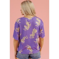 Purple Allover Tiger Printed Patch Pocket Loose T Shirt - XL thumbnail