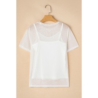 White Solid Color Sheer Mesh Patchwork Short Sleeve Top - XL thumbnail