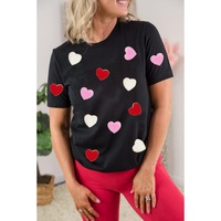 Black Valentines Chenille Heart Patched Pattern Crewneck Tee - 2XL thumbnail