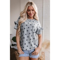 Gray Star Print Tiered Ruffled Sleeve Crew Neck T Shirt - S thumbnail