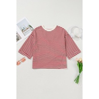 Red Stripe Bowknot Cutout Back Drop Shoulder Wide Bracelet Sleeve Loose Tee - XL thumbnail