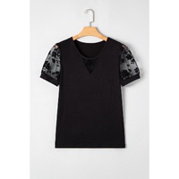 Black Flora Lace Patchwork Crew Neck T Shirt - S thumbnail