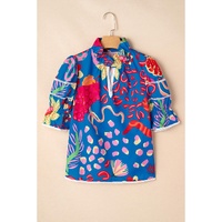 Blue Abstract Print Frilled Collar Ruffled Puff Short Sleeve Top - L thumbnail