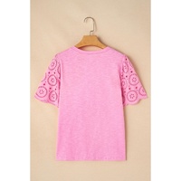 Pink Eyelet Embroidery Scalloped Sleeve Round Neck T Shirt - M thumbnail