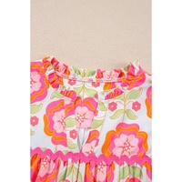 Rose Floral Ruffled Sleeve Ric-rac Trim Split Neck Loose Blouse - L thumbnail