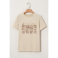 Beige LIVE YOUR BEST LIFE Crew Neck Western Graphic Tee - S thumbnail