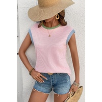 Pink Color Block Corded Knit Crew Neck Tee - L thumbnail