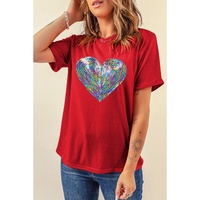 Red Rainbow Sequin Heart Shape Crew Neck T Shirt - 2XL thumbnail