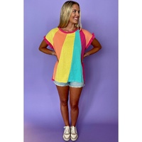 Rose Red Color Block Ruffled Crew Neck Loose Fit T Shirt - L thumbnail