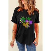 Black Fleur de Lis Heart Printed Mardi Gras T Shirt - XL thumbnail