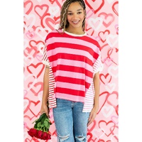 Pink Stripe Patchwork Round Neck Side Split Loose T Shirt - S thumbnail