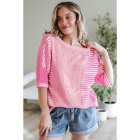 Pink Stripe Color Block Patchwork Loose Half Sleeve T Shirt - L thumbnail