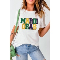 White Chenille MARDI GRAS Patched Graphic T Shirt - 2XL thumbnail
