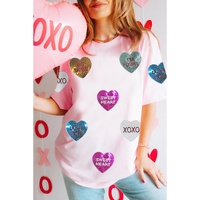 Pink Sequin Valentines Lettering Heart Patched Crewneck T Shirt - 2XL thumbnail