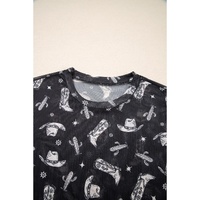 Black Western Pattern Mesh Sheer Crew Neck T Shirt - L thumbnail