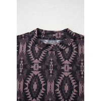 Brown Aztec Print Mock Neck Short Sleeve Mesh T Shirt - L thumbnail