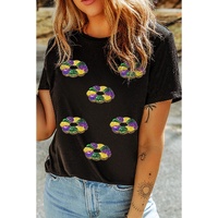 Black Sequined Mardi Gras Pattern Crew Neck Short Sleeve Top - 3XL thumbnail
