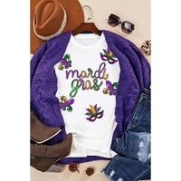 White Sequin Mardi Gras Pattern Graphic Crew Neck Tee - 2XL thumbnail