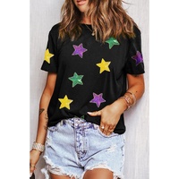 Black Colorful Sequin Stars Patched Relaxed T Shirt - S thumbnail
