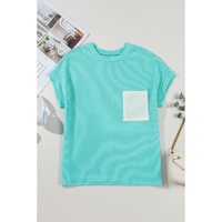 Light Blue Corded Knit Color Block Pocketed Crew Neck T Shirt - M thumbnail