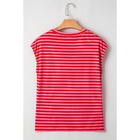 Red Stripe Ribbed Cap Sleeve Round Neck T Shirt - L thumbnail