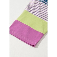 Purple Stripe Floral Color Block Raw Edge Patchwork Bracelet Sleeve Blouse - L thumbnail