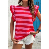 Red Stripe Flutter Sleeve Round Neck T Shirt - XS thumbnail