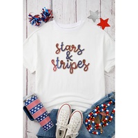 White Sequin stars & stripes Graphic Drop Shoulder Loose T Shirt - L thumbnail