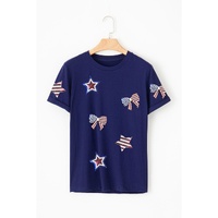 Blue Sequin USA Flag Bow Star Graphic Crewneck T Shirt - S thumbnail