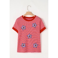 Pink Stripe Sequined Star Independence Knitted Summer T Shirt - M thumbnail
