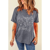 Gray Cowgirl Boots OX Head Western Fashion Print Crewneck Tee - M thumbnail