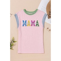 Pink Sequined MAMA Graphic Corded Rib Knit Colorblock T Shirt - L thumbnail