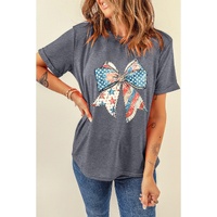 Gray US Flag Bow Print Round Neck Loose T Shirt - M thumbnail