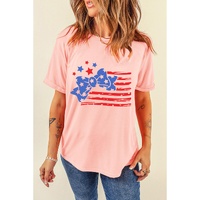 Pink Stars and Stripes Bow Knot Crew Neck T Shirt - XL thumbnail