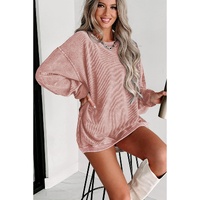 Pink Solid Ribbed Knit Round Neck Pullover Sweatshirt - L thumbnail