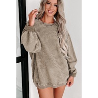 Khaki Solid Ribbed Knit Round Neck Pullover Sweatshirt - L thumbnail