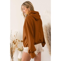 Brown Ribbed Trim Kangaroo Pocket Zipped Hoodie - L thumbnail