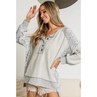 Gray Leopard Patchwork Exposed Seam Buttoned Neck Sweatshirt - S thumbnail