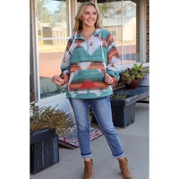 Multicolor Aztec Print Zipped Split Neck Hoodie - S thumbnail