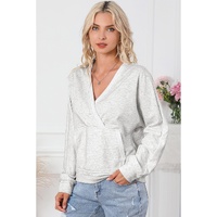 Gray Contrast Trim V Neck Wrap Sweatshirt with Pocket - L thumbnail