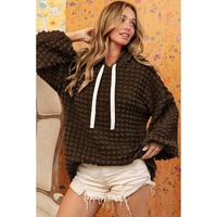 Dark Brown Bubble Textured Waffle Hoodie - M thumbnail
