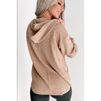 Khaki Buttoned V Neck Drawstring Knit Hoodie - S thumbnail