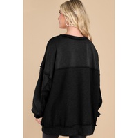 Black Oversized Exposed Seam Henley Sweatshirt - S thumbnail