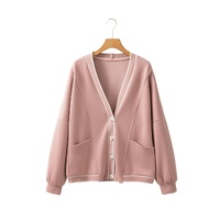 Pink Stripe Contrast Trim V Neck Buttoned Front Pocketed Knit Cardigan - L thumbnail