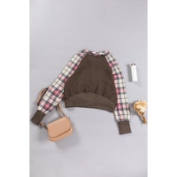 Khaki Printed Plaid Sleeve Patchwork Collared Textured Sweatshirt - L thumbnail