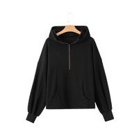 Black Fleece Lined Half Zipper Kangaroo Pockets Loose Hoodie - M thumbnail