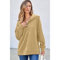 Simply Taupe Solid Ribbed Knit Buttoned Drop Shoulder Oversized Hoodie - 2XL thumbnail