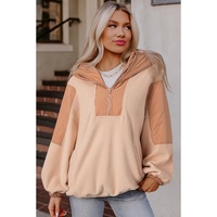 Light French Beige Colorblock Patchwork Half Zip Oversized Sherpa Hoodie - L thumbnail