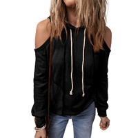Black Exposed Seam Cold Shoulder Drawstring Hoodie - S thumbnail