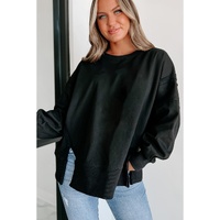 Black Exposed Seam Drop Shoulder Round Neck Sweatshirt with Slits - L thumbnail